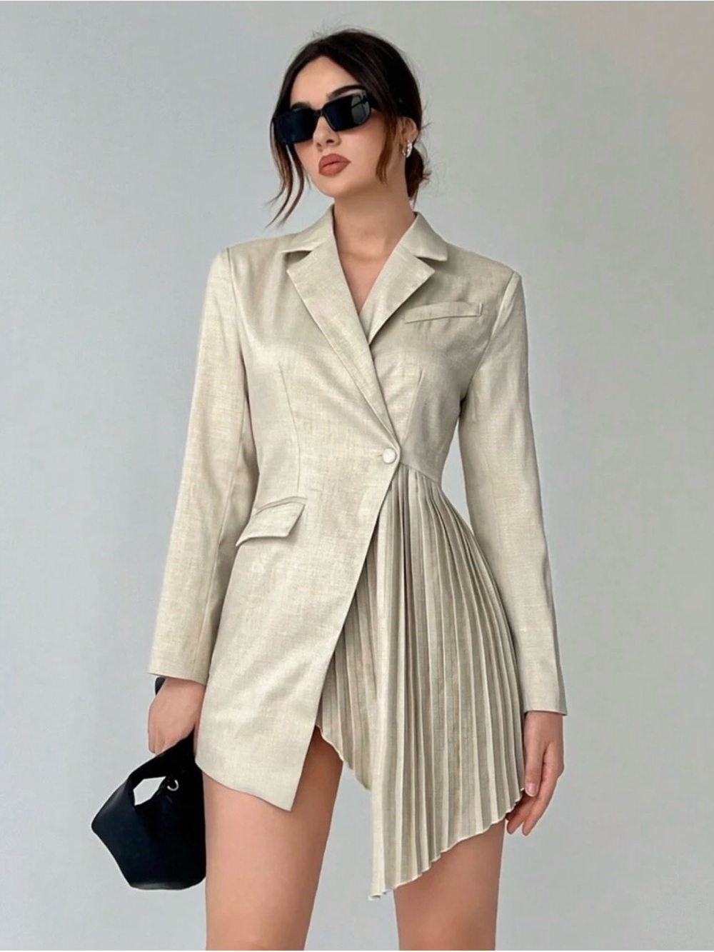 *NEW IN BAG* Beige Linen Blazer Mini Dress Asymmetric Pleated Hem Single Button